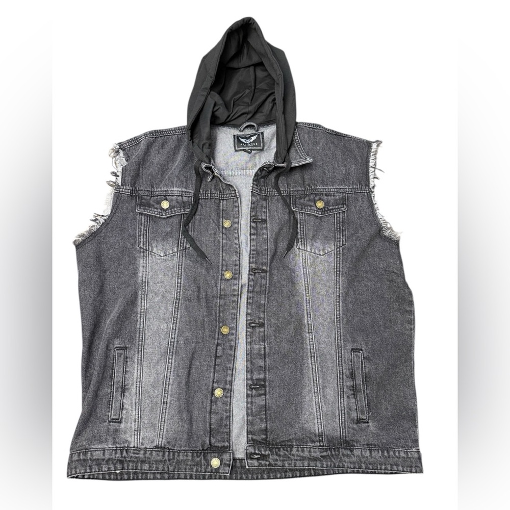 EUC Men's Sleeveless Raw Hem Black Denim Vest with Hood